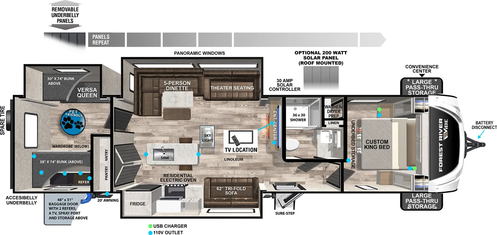 The Vibe 3400BH floorplan has one entry and three slide outs. Exterior features include: fiberglass exterior, 20' awning and outside kitchen. Interiors features include: bunk beds, kitchen island and front bedroom.